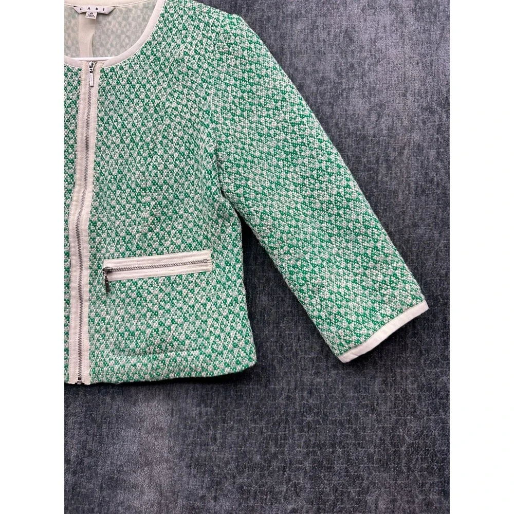 Cabi Cropped Jacket Womens 6 Green White Textured Tweed 3/4 Sleeve Full Zip‎